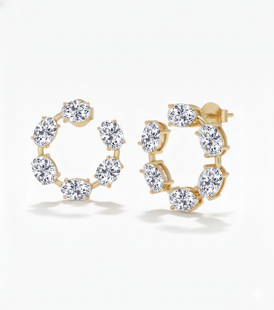 Oval Shape Lab Grown Diamond Open Hoop Swirl Earrings Yellow Gold 18K