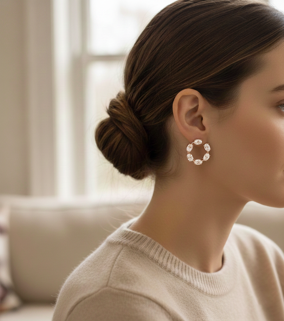 Oval Shape Lab Grown Diamond Open Hoop Swirl Earrings Rose Gold