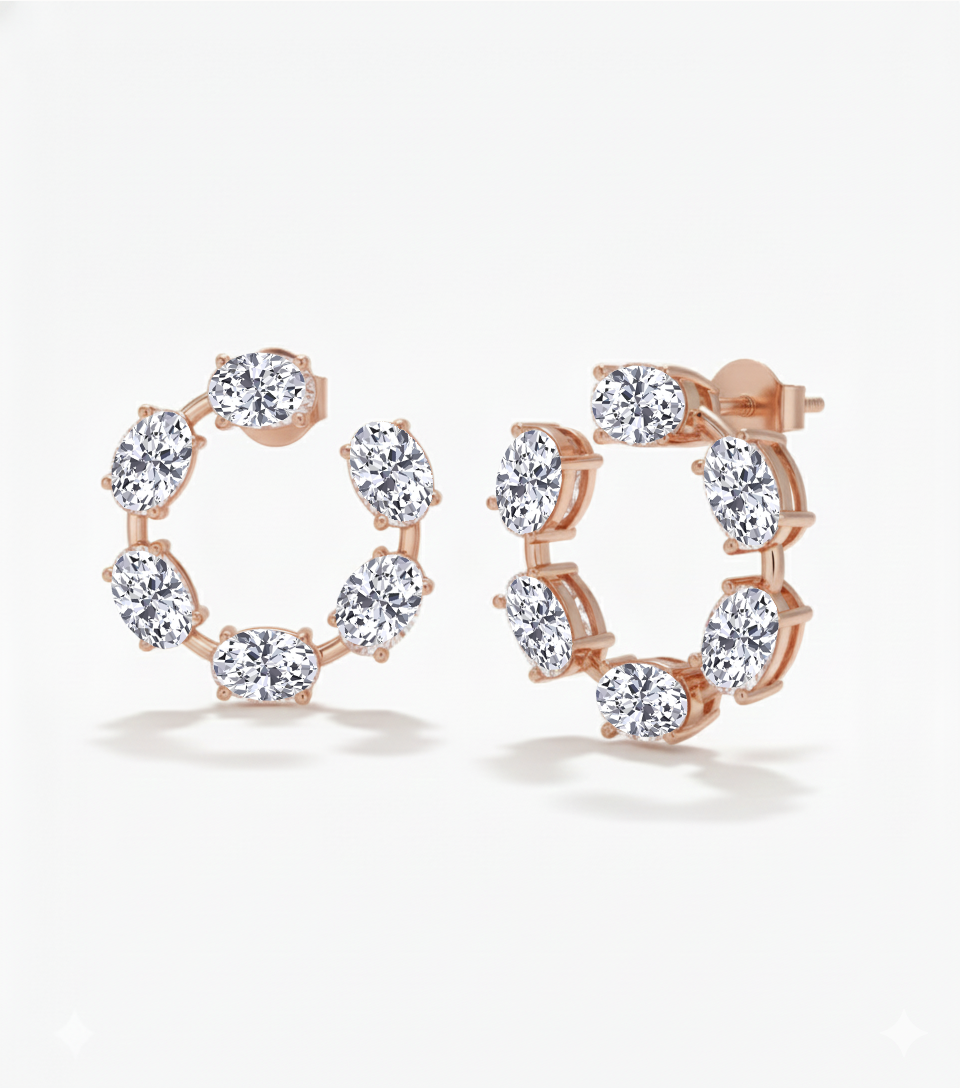 Oval Shape Lab Grown Diamond Open Hoop Swirl Earrings Rose Gold 18K
