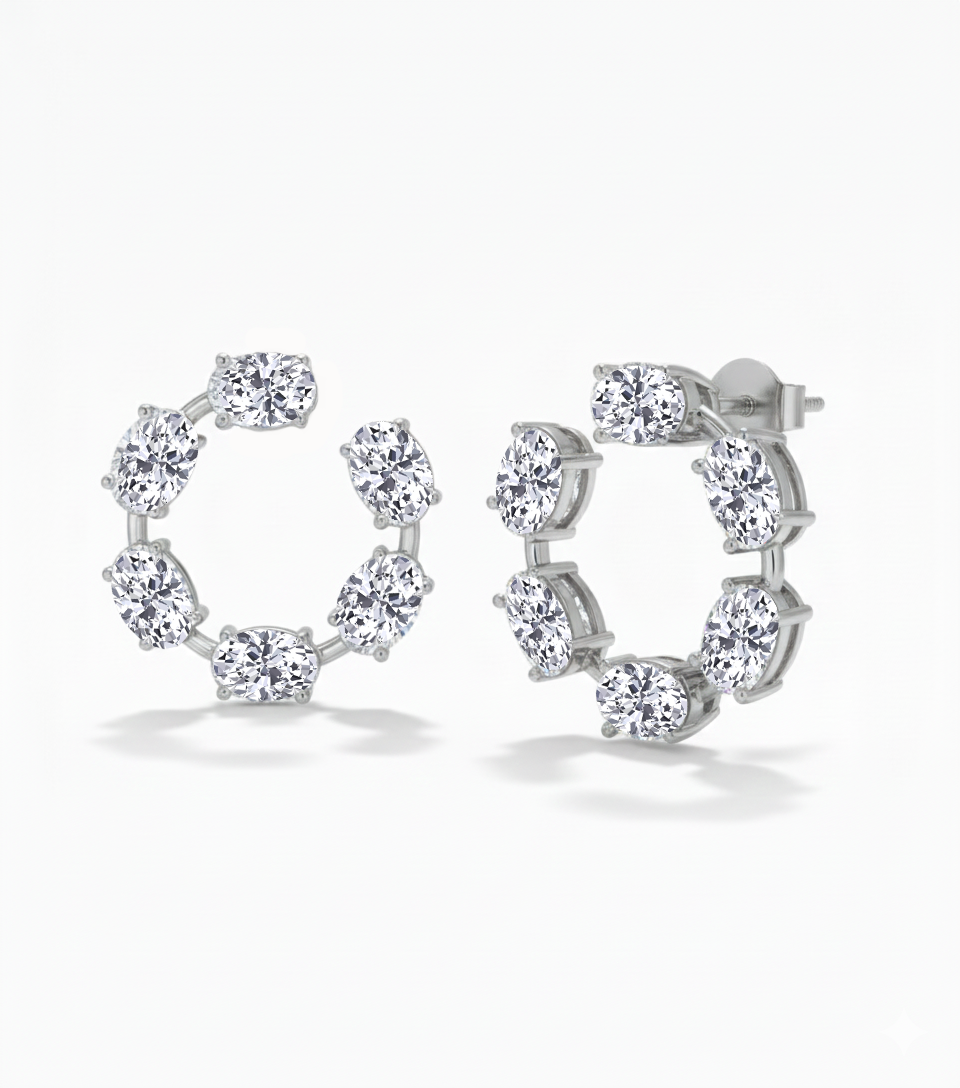 Oval Shape Lab Grown Diamond Open Hoop Swirl Earrings White Gold 18K