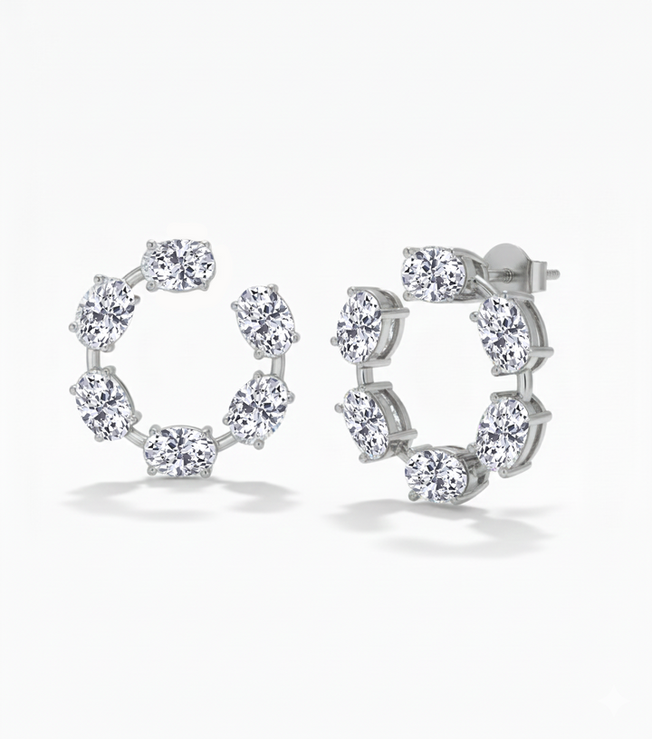 Oval Shape Lab Grown Diamond Open Hoop Swirl Earrings White Gold 18K