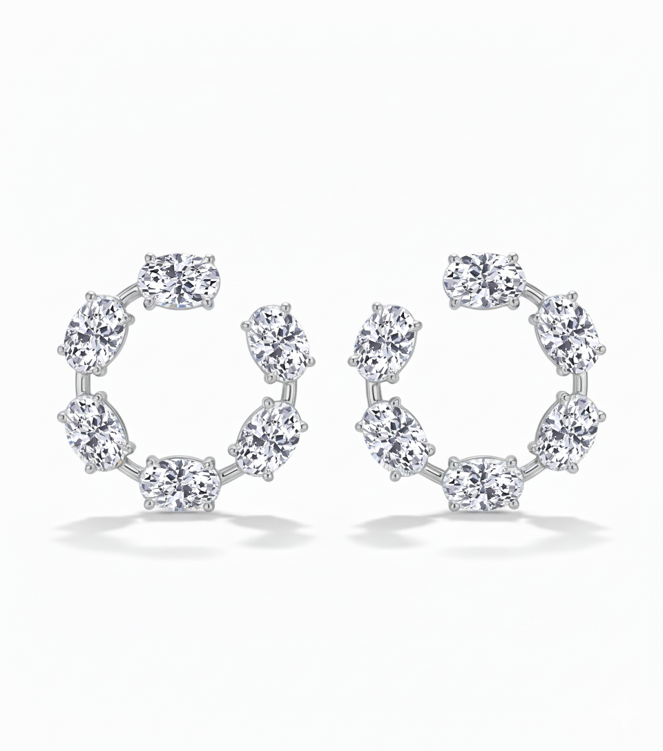 Oval Shape Lab Grown Diamond Open Hoop Swirl Earrings White Gold 14K