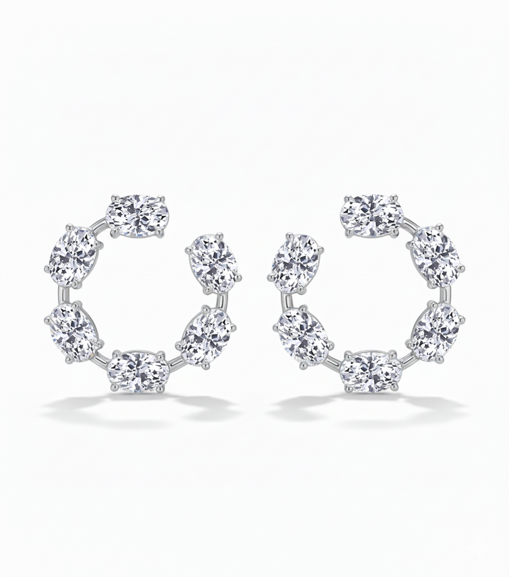 Oval Shape Lab Grown Diamond Open Hoop Swirl Earrings White Gold 14K