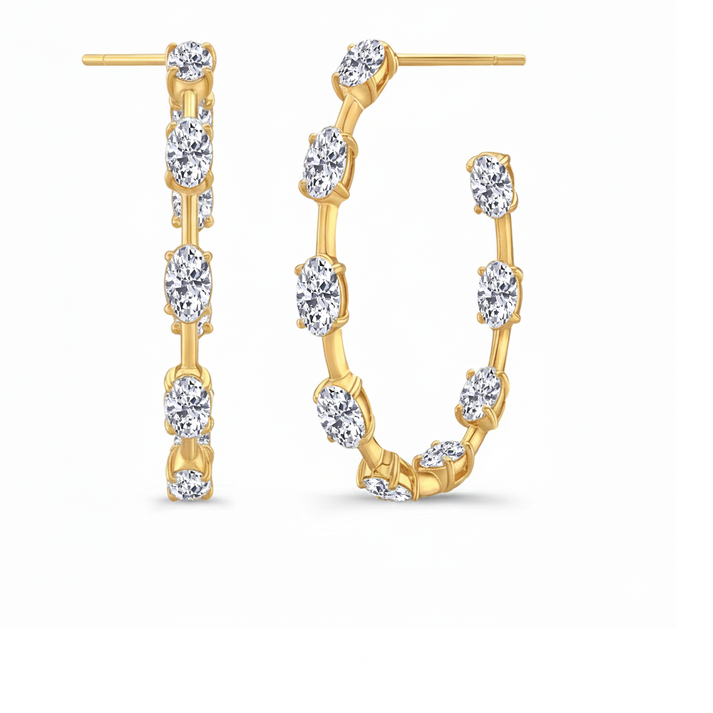 Oval Shape Lab Grown Diamond Station Hoop Earrings Yellow Gold 18K