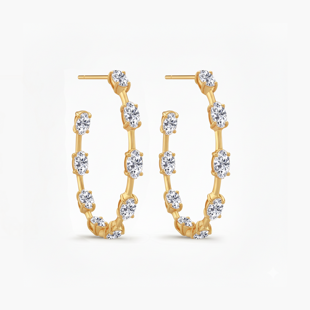 Oval Shape Lab Grown Diamond Station Hoop Earrings Yellow Gold 14K