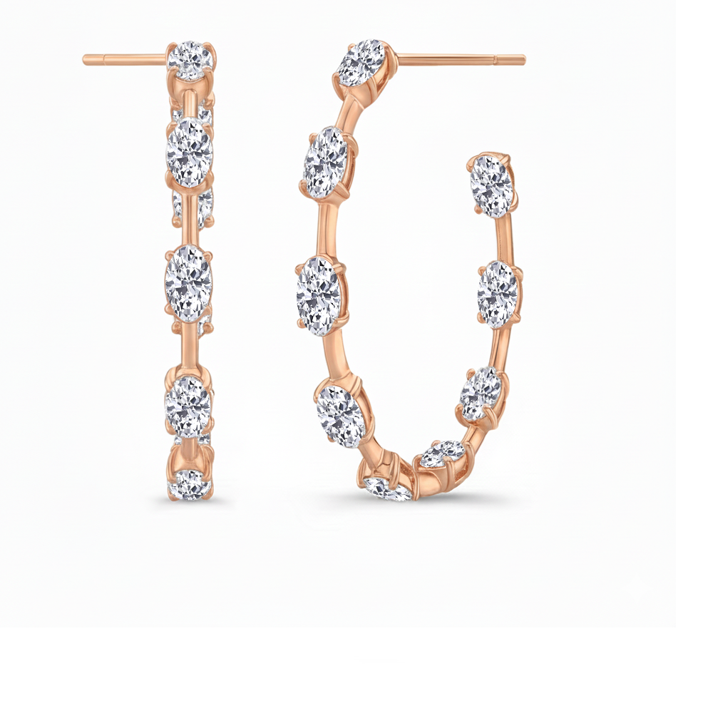 Oval Shape Lab Grown Diamond Station Hoop Earrings Rose Gold 18K