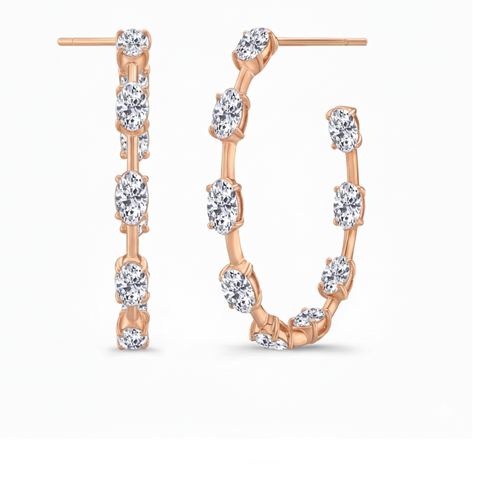 Oval Shape Lab Grown Diamond Station Hoop Earrings Rose Gold 18K