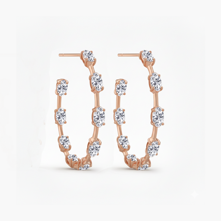 Oval Shape Lab Grown Diamond Station Hoop Earrings Rose Gold 14K