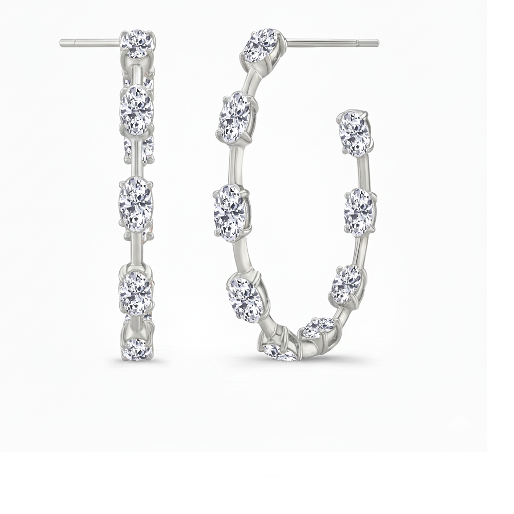 Oval Shape Lab Grown Diamond Station Hoop Earrings White Gold 18K