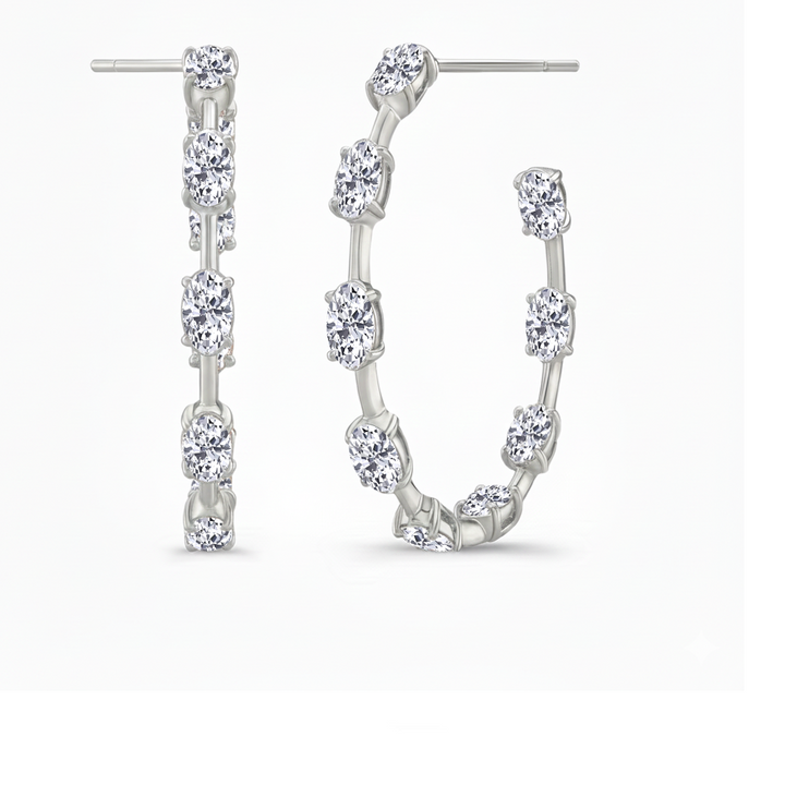 Oval Shape Lab Grown Diamond Station Hoop Earrings White Gold 18K