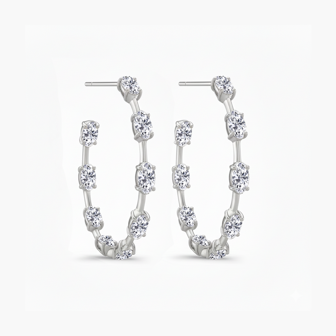 Oval Shape Lab Grown Diamond Station Hoop Earrings White Gold 14K