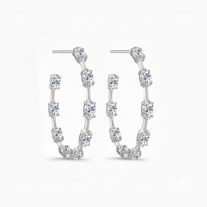 Oval Shape Lab Grown Diamond Station Hoop Earrings White Gold 14K