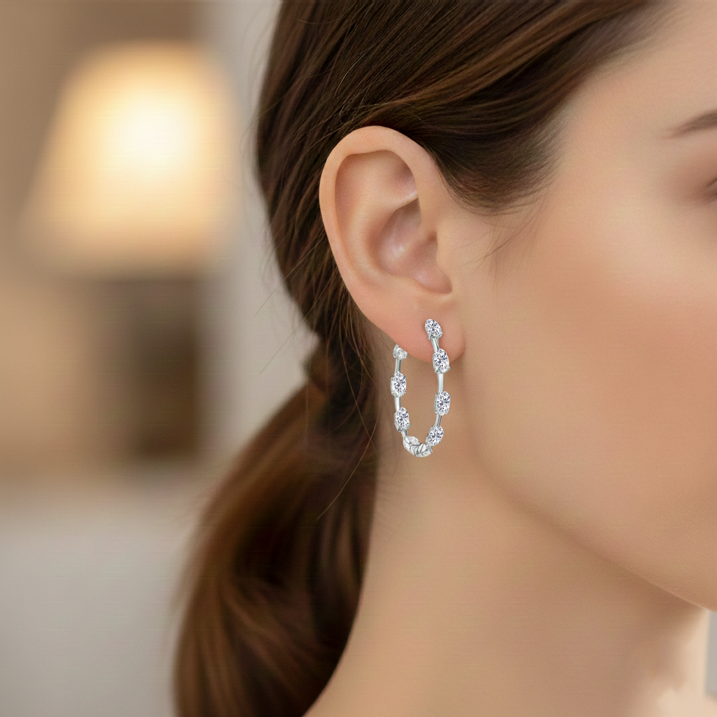 Oval Shape Lab Grown Diamond Station Hoop Earrings White Gold