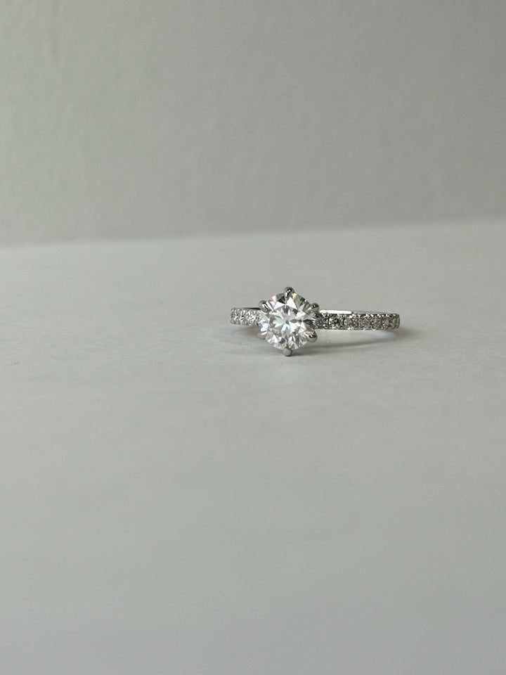 Six Prong Round Cut Lab Grown Diamond Engagement Ring With Pave Band