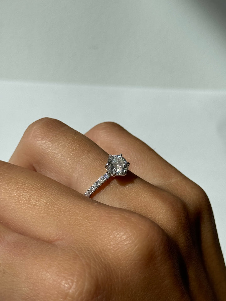 Adria - Six Prong Round Cut Lab Grown Diamond Engagement Ring With Pave Band