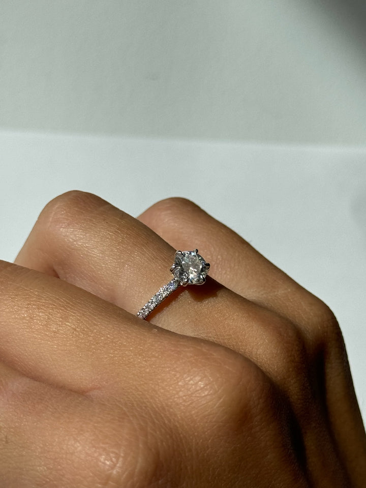 Six Prong Round Cut Lab Grown Diamond Engagement Ring With Pave Band