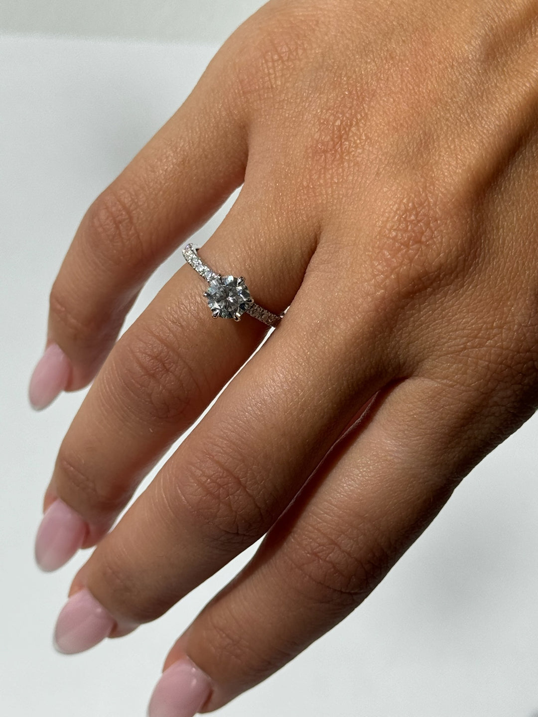 Six Prong Round Cut Lab Grown Diamond Engagement Ring With Pave Band