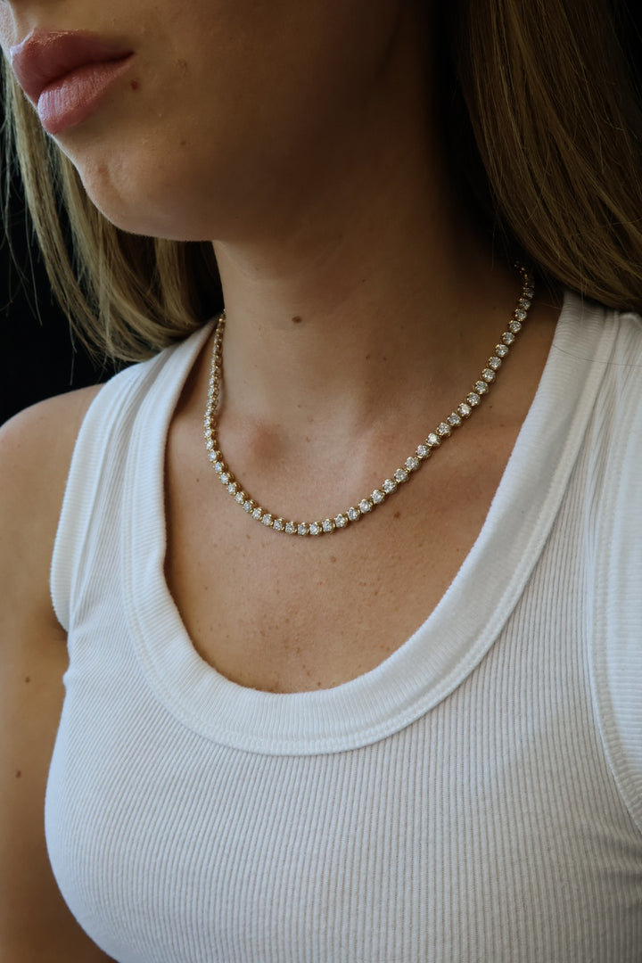 Illusion Set Round Shape Lab Grown Diamond Tennis Necklace 14K Solid Gold