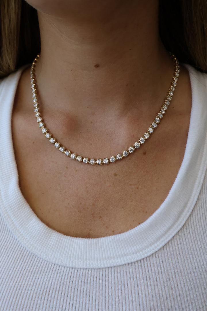 Illusion Set Round Shape Lab Grown Diamond Tennis Necklace 18K Solid Gold