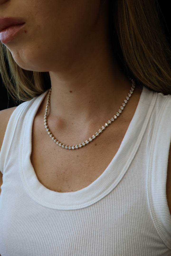 Illusion Set Round Shape Lab Grown Diamond Tennis Necklace 14K Solid Gold