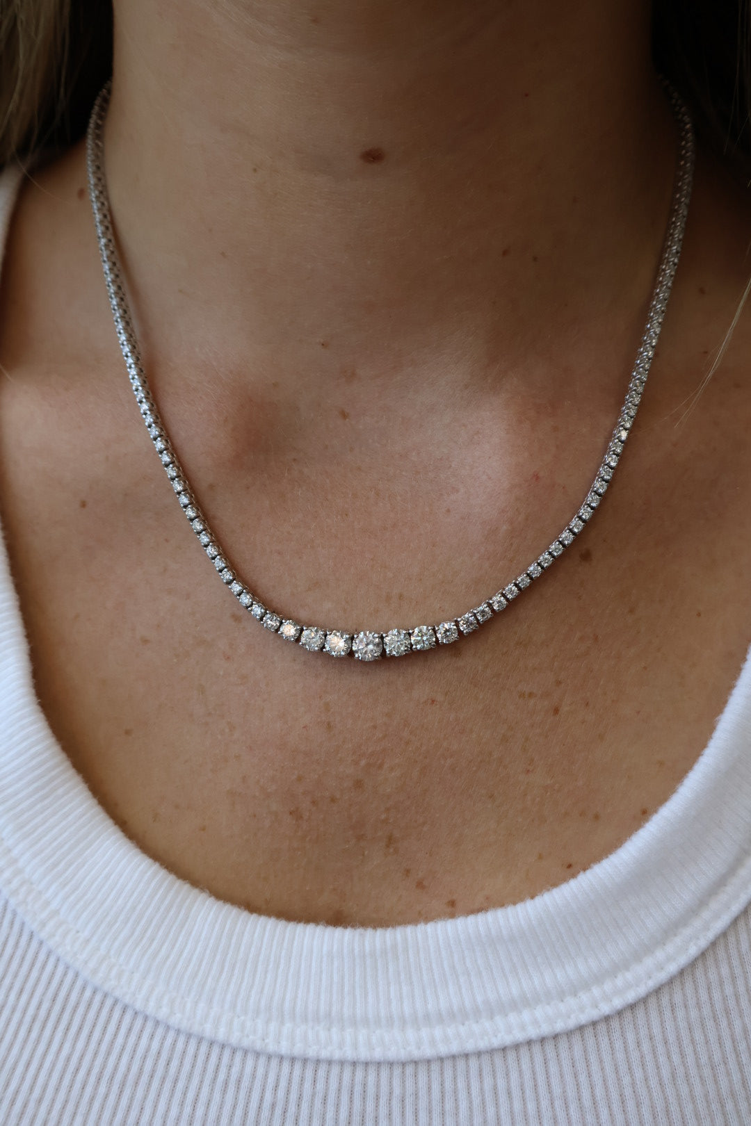 4 Prong Graduated Lab Grown Diamond Tennis Necklace 18K Solid Gold