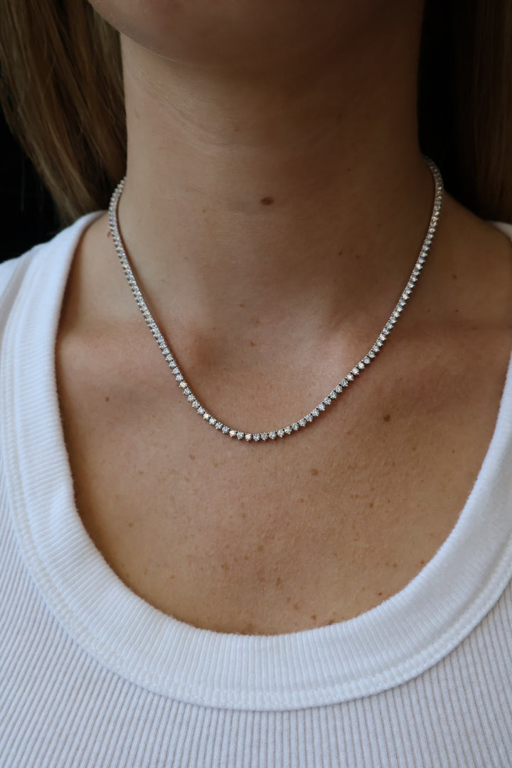 3 Prong Round Shape Lab Grown Diamond Tennis Necklace - Martini Style 14K Solid Gold