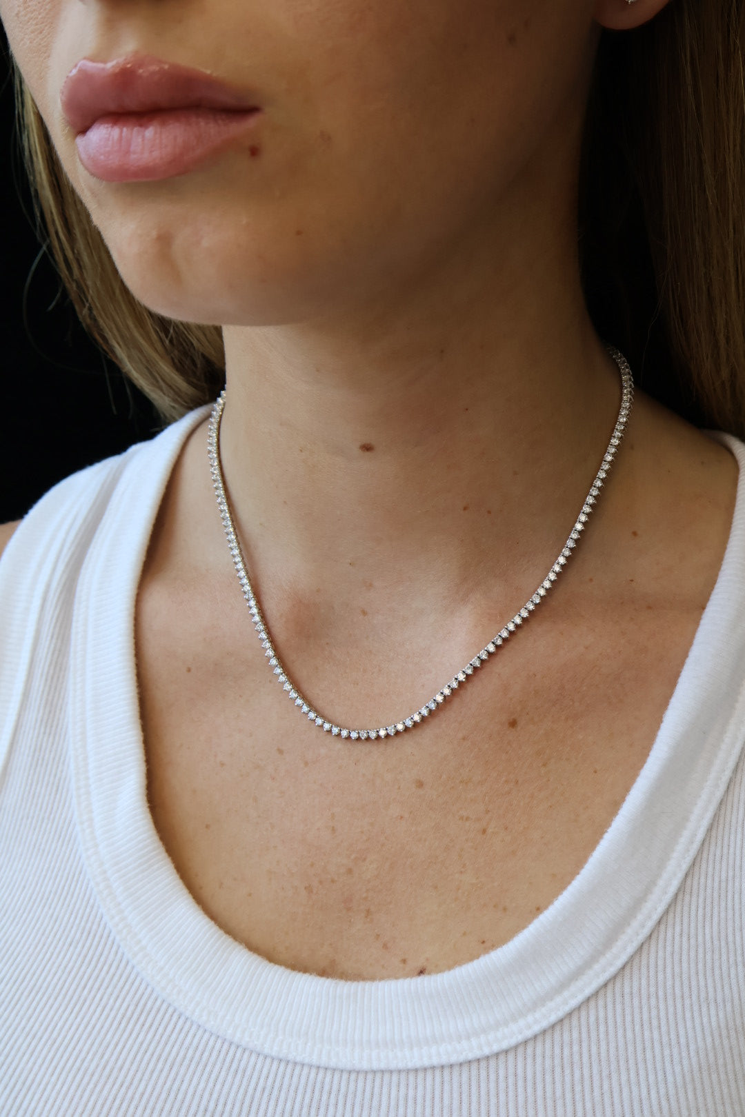 3 Prong Round Shape Lab Grown Diamond Tennis Necklace - Martini Style 18K Solid Gold