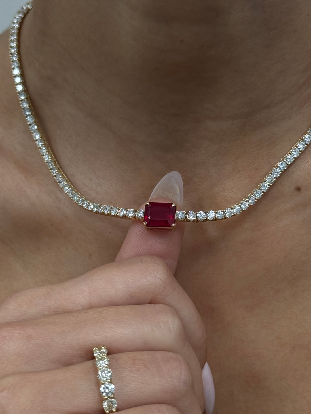 (12CT T.W.) Single Stone Red Ruby Lab-Grown Diamond Tennis Necklace 14K Solid Gold