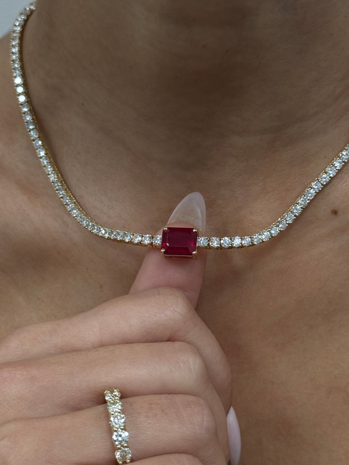 (12CT T.W.) Single Stone Red Ruby Lab-Grown Diamond Tennis Necklace 14K Solid Gold