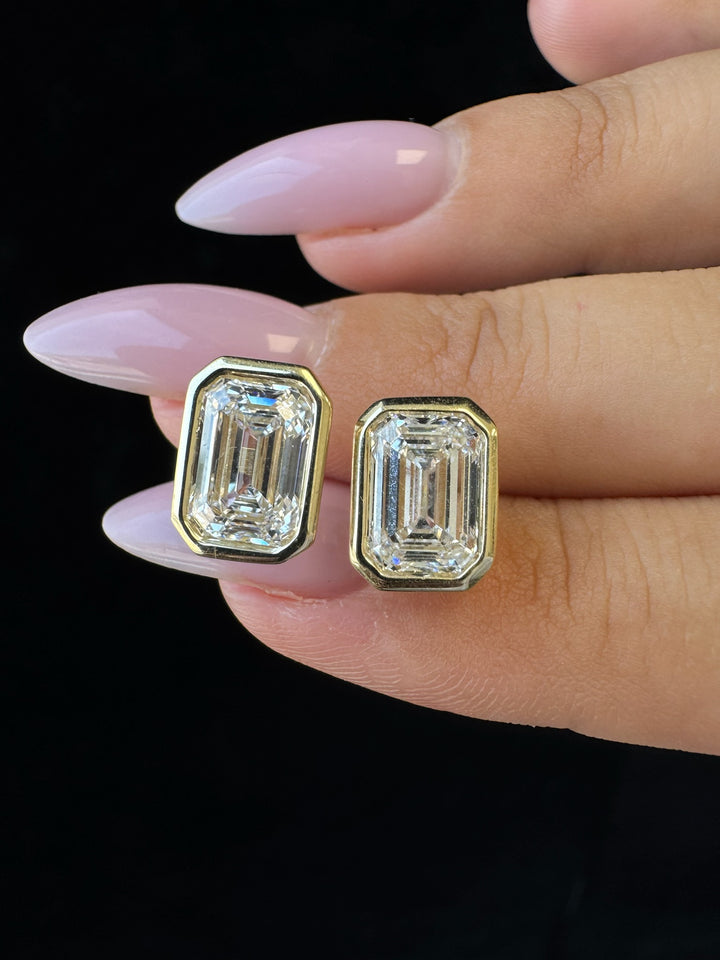 Bezel Set Emerald Shape Lab Grown Diamond Studs