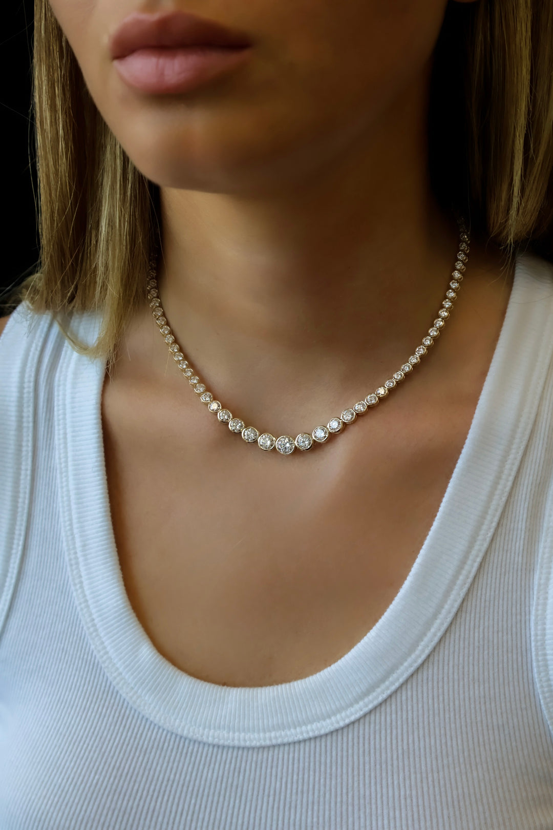 Bezel Set Graduated Lab Grown Diamond Tennis Necklace 18K Solid Gold
