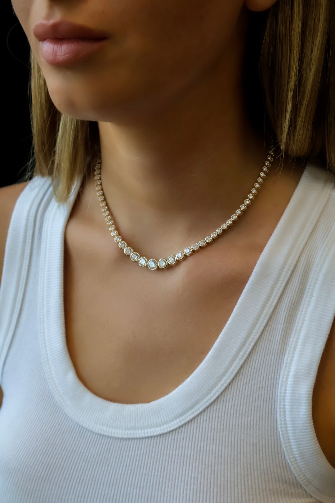 Bezel Set Graduated Lab Grown Diamond Tennis Necklace 14K Solid Gold