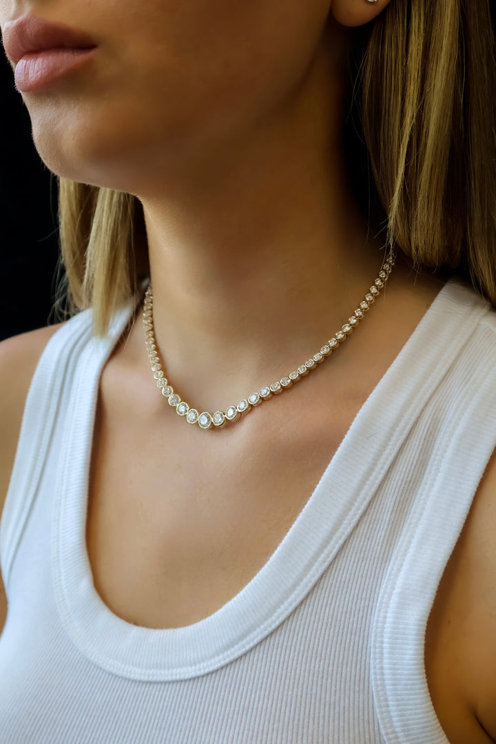 Bezel Set Graduated Lab Grown Diamond Tennis Necklace 18K Solid Gold
