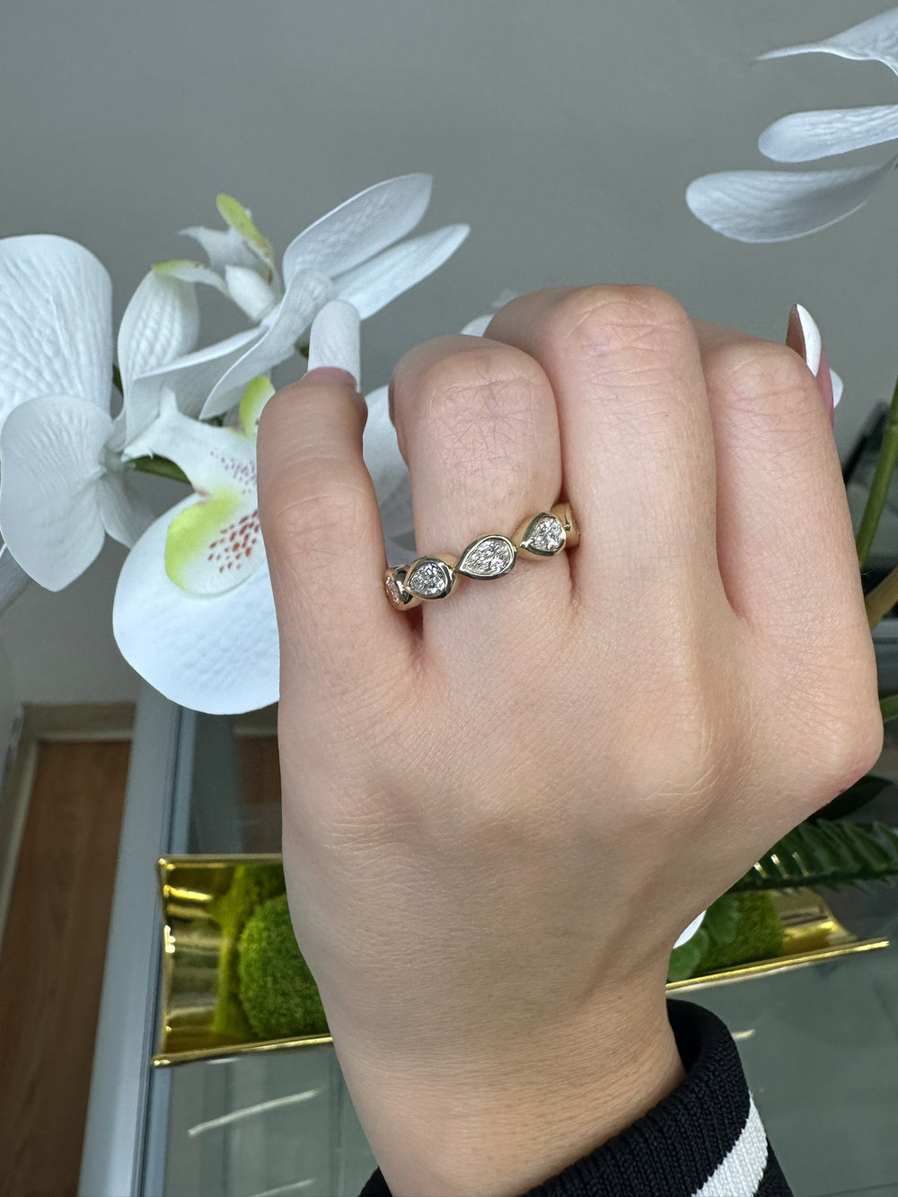 Italy-Bezel Set East To West Pear Shape Lab Yellow Gold Diamond Eternity Band, Female Hand