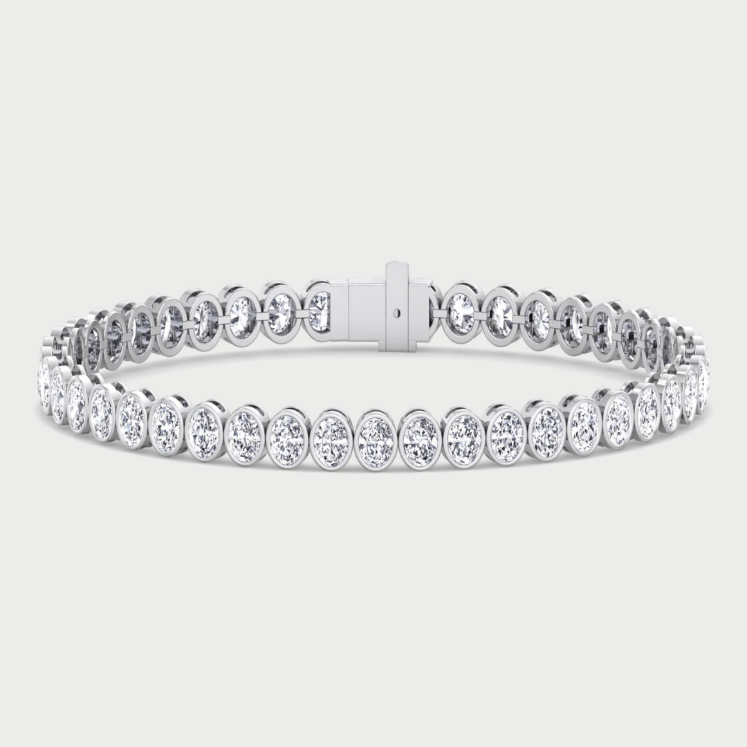 Oval Shape Bezel Set Lab Grown Diamond Tennis Bracelet 14K Solid Gold