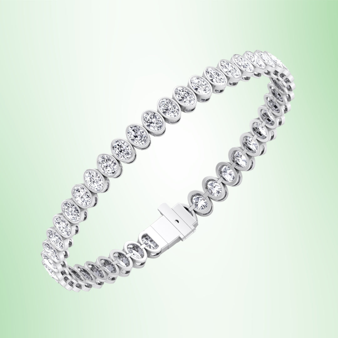 Oval Shape Bezel Set Lab Grown Diamond Tennis Bracelet 18K Solid Gold