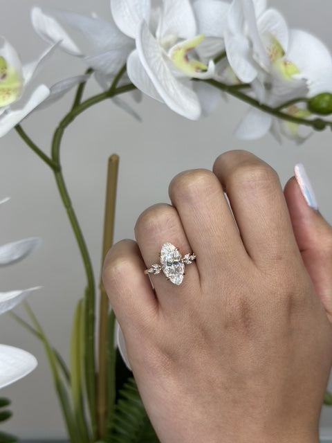 Kerbel-Marquise Cut Lab Diamond Ring Marquise SideStones, Female Hand