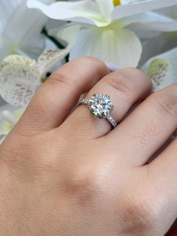 Leiden-Halo Lab Grown Diamond Ring With White Gold Thin Pave Band