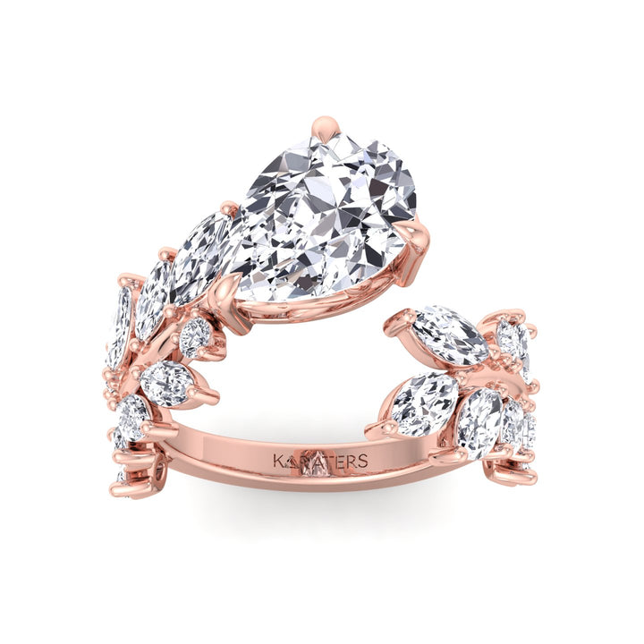 Linda-Pear Sweeping Ivy Lab Rose Gold Diamond Ring, Front Down