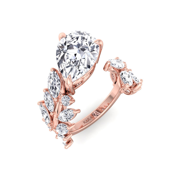 Linda-Pear Sweeping Ivy Lab Rose Gold Diamond Ring, Top Down