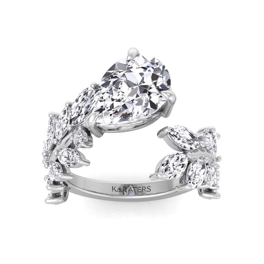Linda-Pear Sweeping Ivy Lab White Gold Diamond Engagement Ring, Top Down