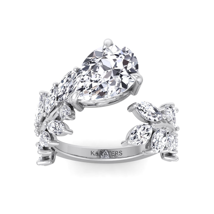 Linda-Pear Sweeping Ivy Lab White Gold Diamond Engagement Ring, Top Down