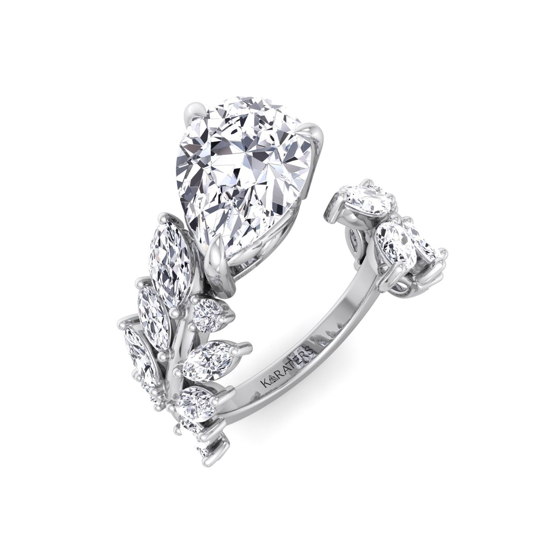 Linda-Pear Sweeping Ivy Lab White Gold Diamond Ring, Left