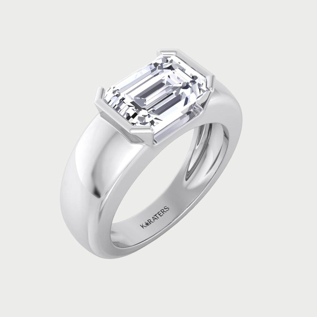 Emerald Cut Unisex Bezel Set  Lab Grow Diamond Engagement Ring