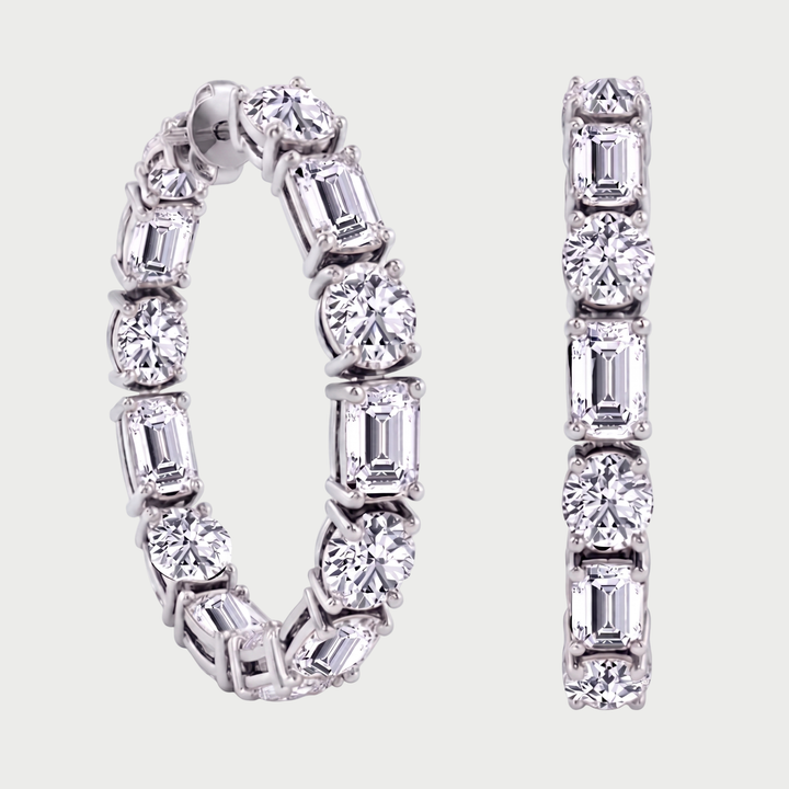 Emerald Cut and Round Alternating Natural Diamond Hoop Earrings