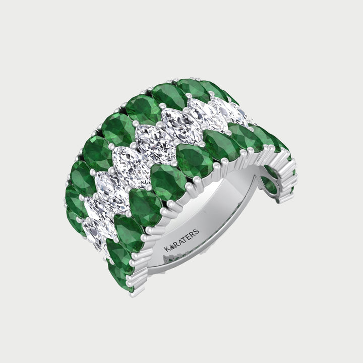 Pear Shape Green Emerald and Marquise Lab-Grown Diamond Cocktail Ring