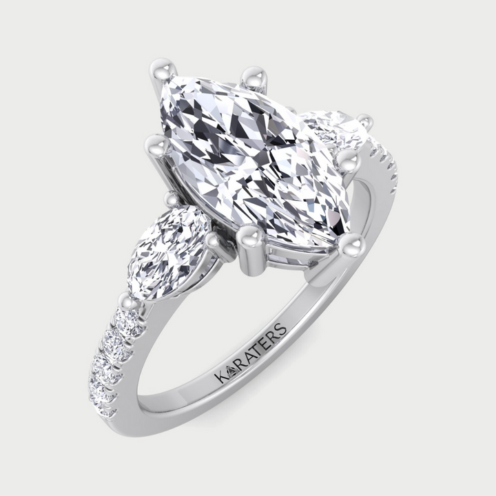 Marquise Cut Lab Grown Diamond Engagement Ring With Oval & Pave SideStones