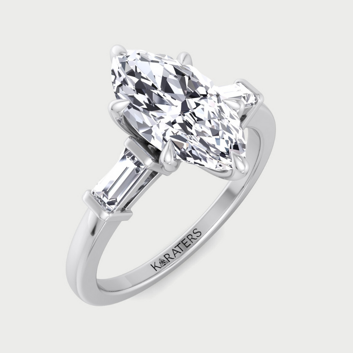 Marquise Shape Lab Grown Diamond Engagement Ring With Baguette SideStones