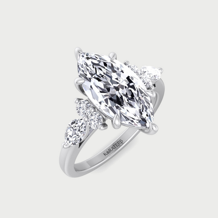 Marquise Shape Lab Grown Diamond Engagement Ring with Marquise and Round Sidestones