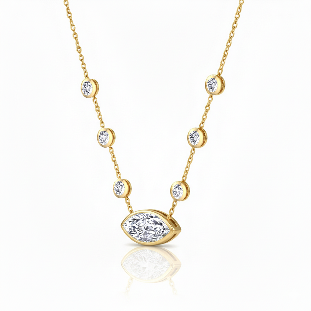 Diamond Station Necklace with Marquise Shape Center Stone